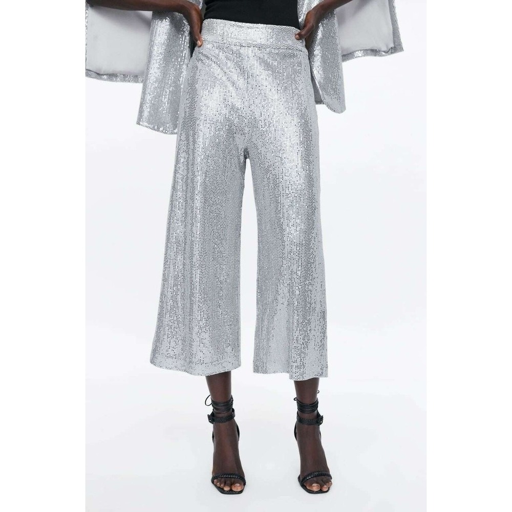 NWT Zara High Waisted Sequin Wide Leg Pants Silver Glam Party Trousers Size XS